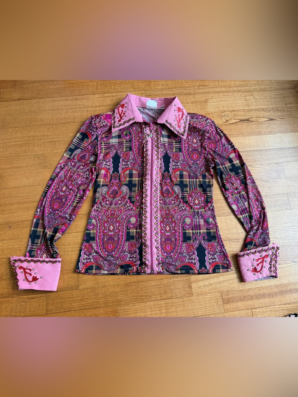 VTG Jacqueline's Western Show Shirt Zip M Paisley Plaid Pink Rhinestone cowgirl